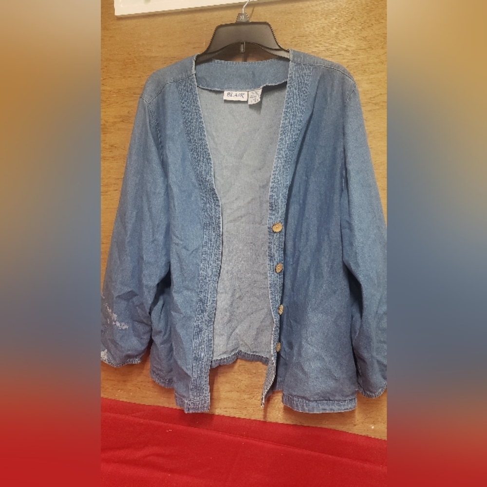 Vintage BLAIR Womens Denim Collarless Button Up Jacket 2XL